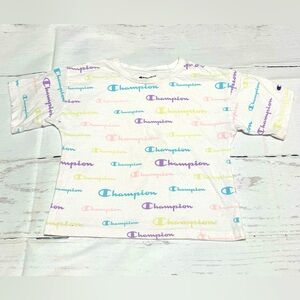Champion girls M white with multi-color all over logo print short sleeve tshirt